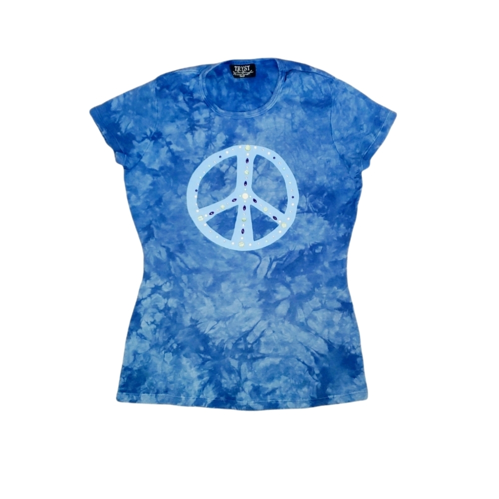 TRYST Vintage Blue Tie Dye Peace Sign Fitted Tee - Embellished - Size Small